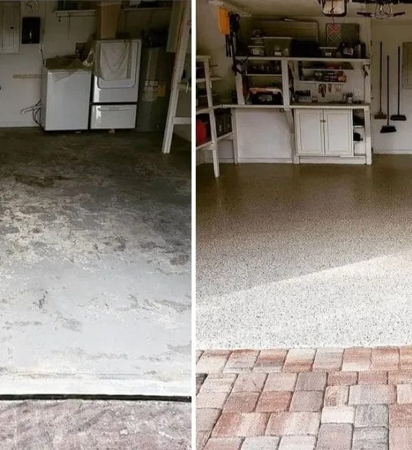 Before and after transformation of an epoxy garage floor installed by Top Quality Coating in Naples, FL