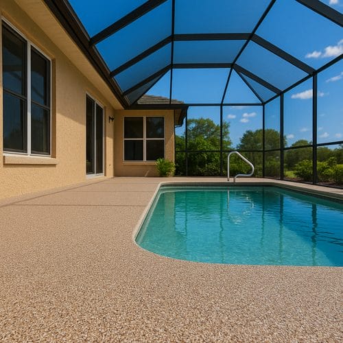 Double broadcast quartz epoxy flooring installed around an outdoor pool in Southwest Florida