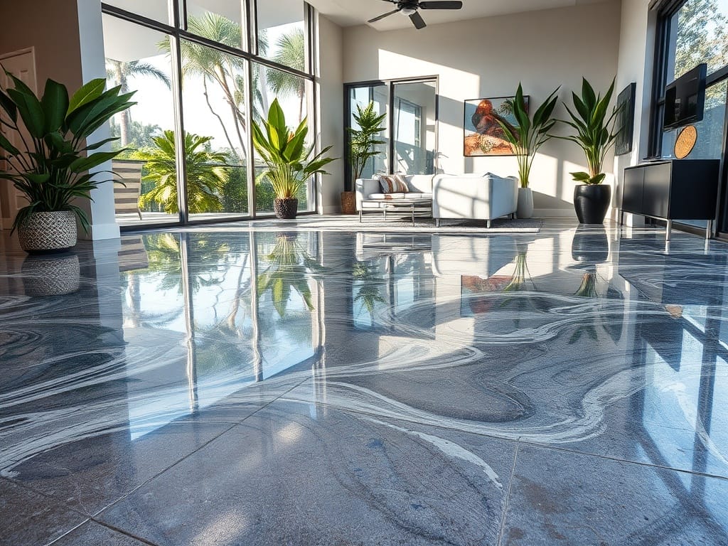 Metallic epoxy flooring trends in Collier County FL showcasing luxury epoxy floor designs.