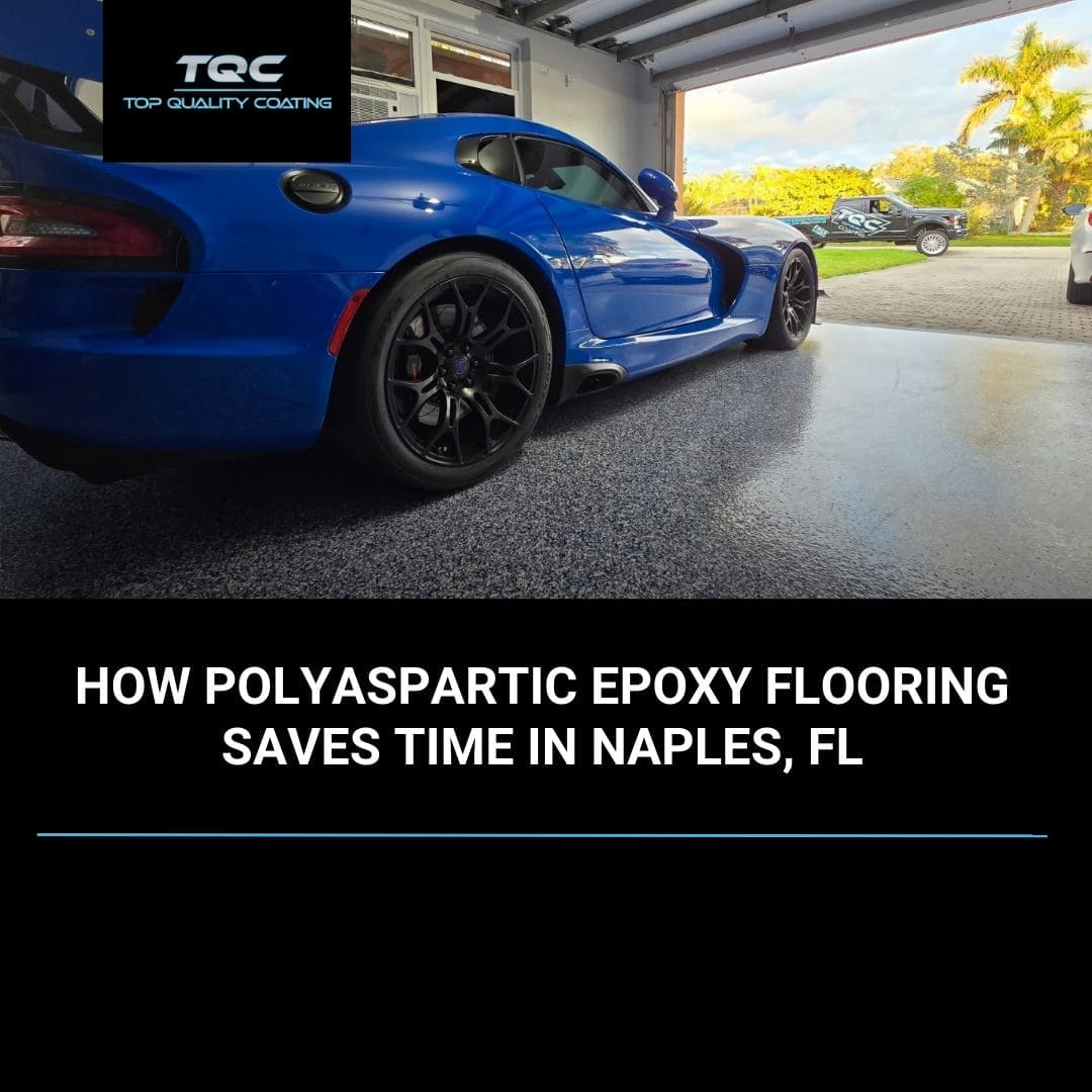Polyaspartic epoxy flake flooring installation in Naples, FL, showing durable and glossy finish