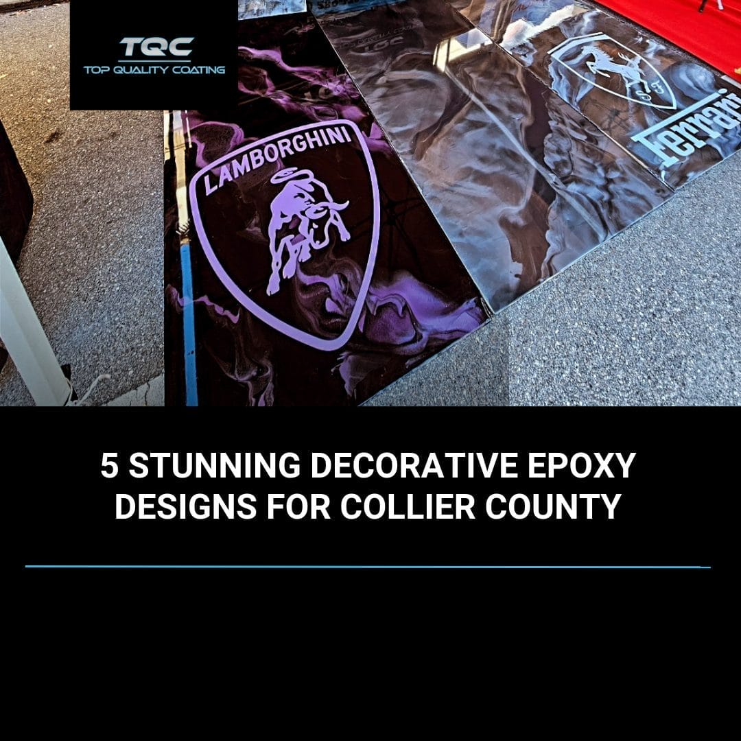 Decorative epoxy flooring in Naples, FL showcasing metallic, flake, quartz, solid color, and custom logo designs