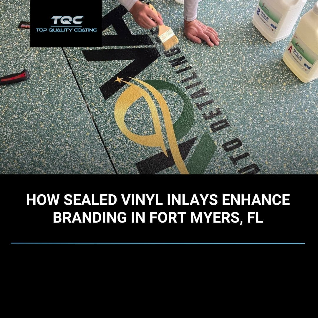 Custom sealed vinyl inlay epoxy floor featuring a company logo in Fort Myers, FL commercial space