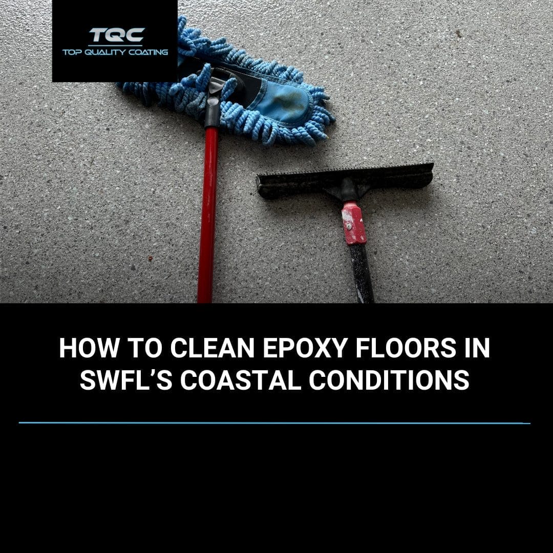 Cleaning epoxy floors in a coastal Florida home with sunlight reflecting on the polished surface.