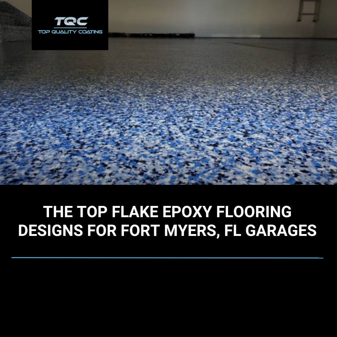 Flake epoxy flooring in a Fort Myers garage with modern gray and black design.
