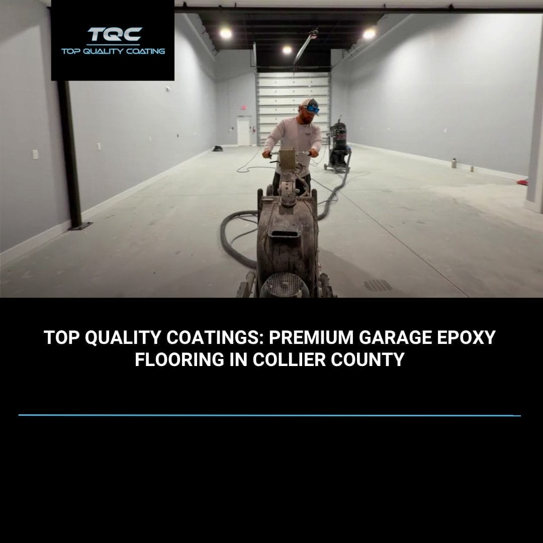 Top Quality Coatings worker applying epoxy garage floor coating in Naples, FL, ensuring a durable, high-gloss finish
