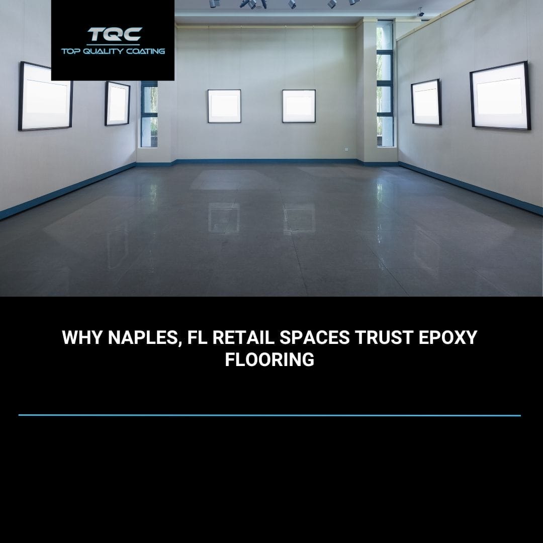 Epoxy flooring in Marco Island garage with high-gloss finish and custom color flakes installed by Top Quality Coating.