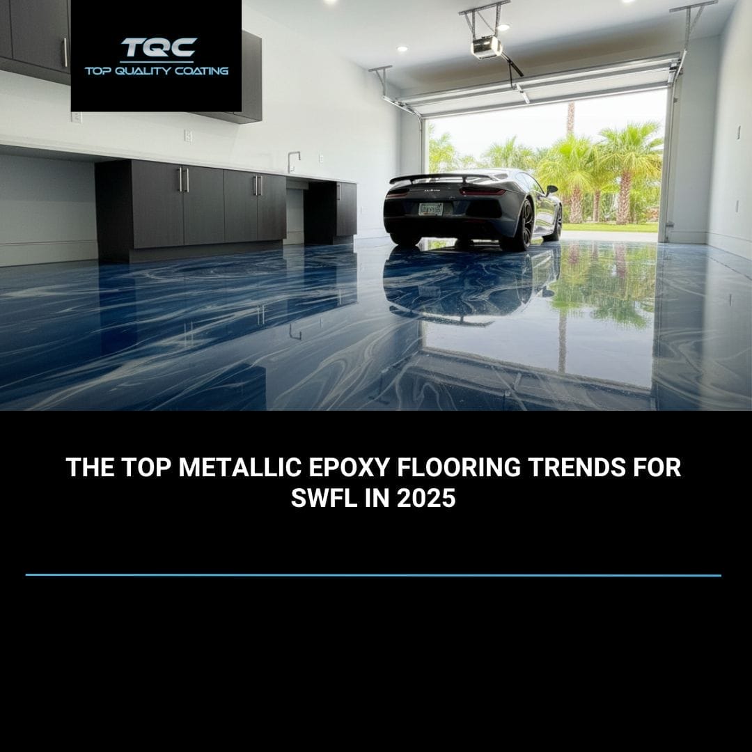 High-gloss metallic epoxy floor with ocean-blue and silver tones in a Naples, FL modern garage.