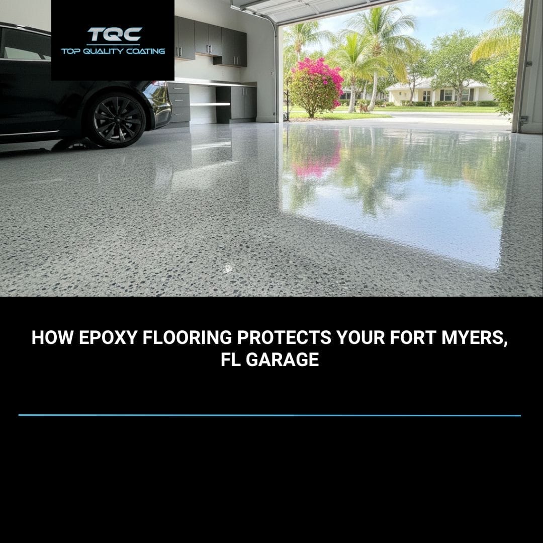 Professionally installed epoxy garage floor in Fort Myers, FL featuring a high-gloss finish with decorative flakes.