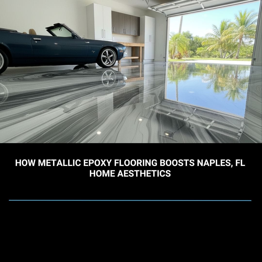 Metallic epoxy flooring in a Naples, FL residential garage, showcasing a high-gloss, marbled finish that enhances the space’s modern aesthetic.