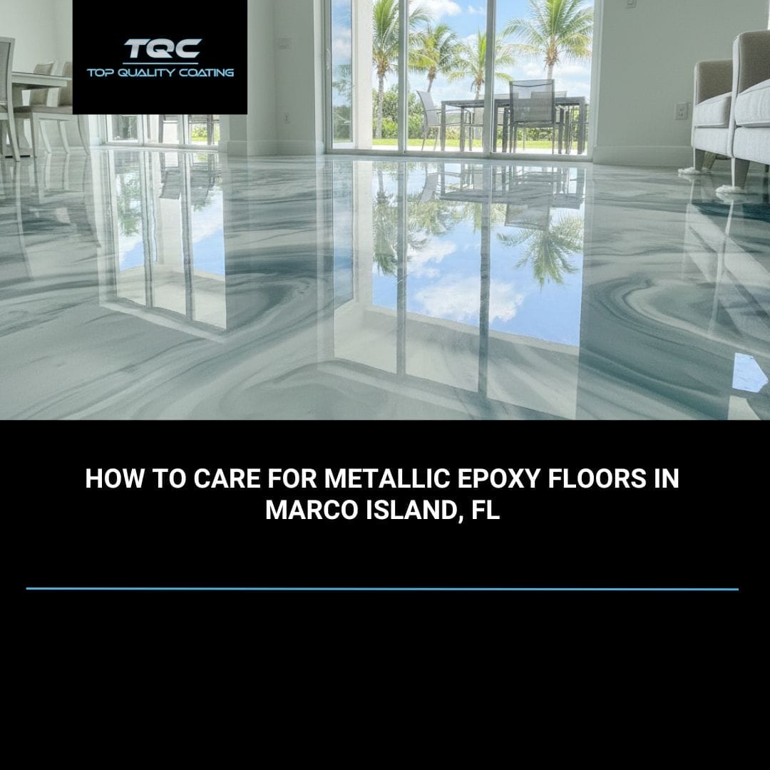 Shiny metallic epoxy floor in a coastal Marco Island home with natural light reflecting off the surface.