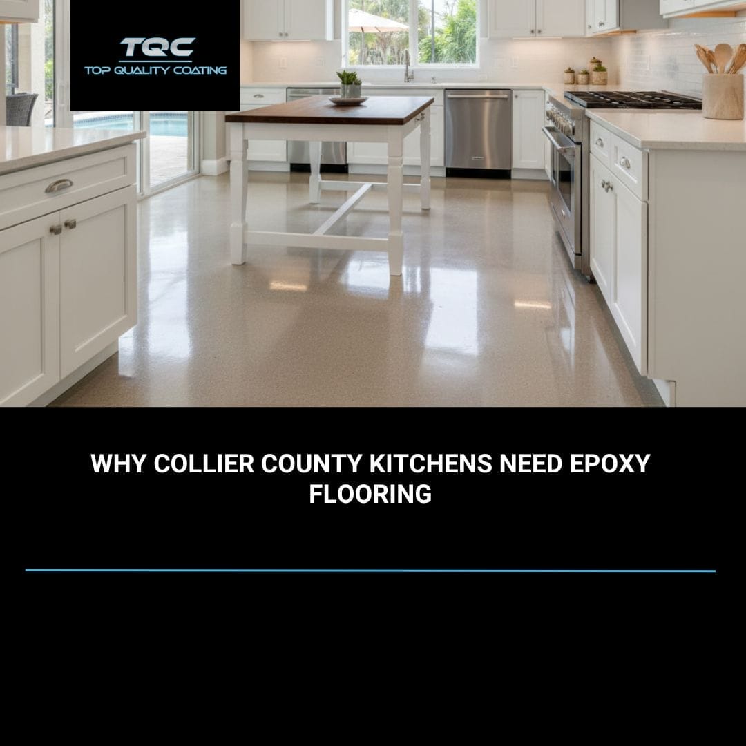 Professional epoxy-coated kitchen floor in a Naples, Florida home with a sleek, slip-resistant finish.