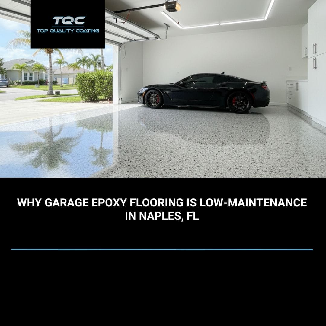 Newly installed glossy garage epoxy flooring in Naples, FL home with decorative flake finish.