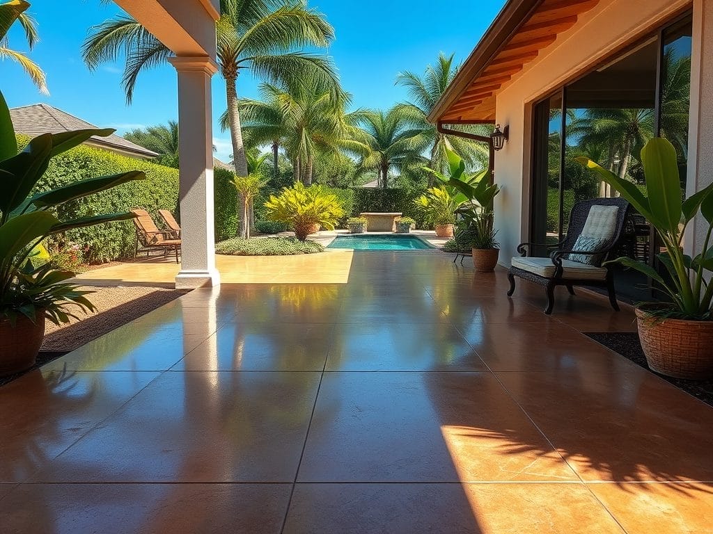 Concrete floor with UV-resistant epoxy coating in Naples, FL by Top Quality Coating.