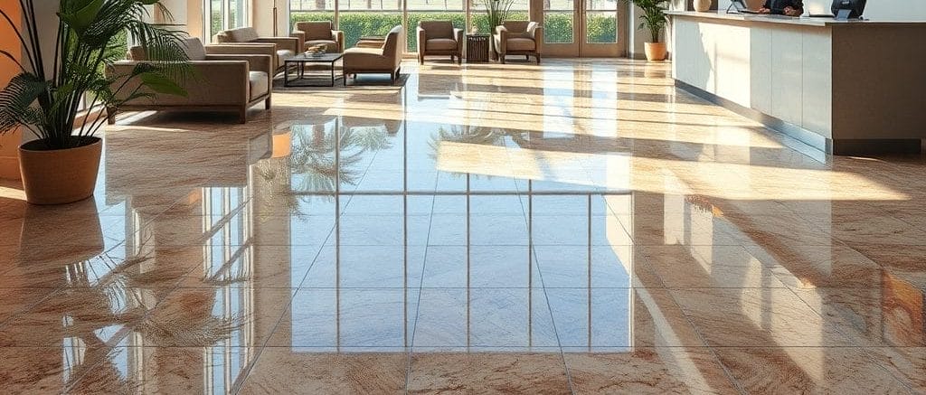 Hotel lobby with modern solid epoxy flooring in Naples, FL.