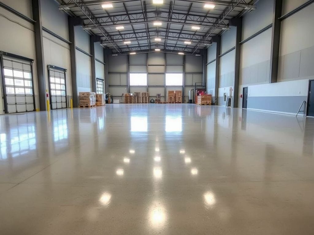 **Alt Text:** Industrial-grade double broadcast quartz epoxy flooring installed in a Collier County warehouse by Top Quality Coating, featuring a slip-resistant, durable surface.