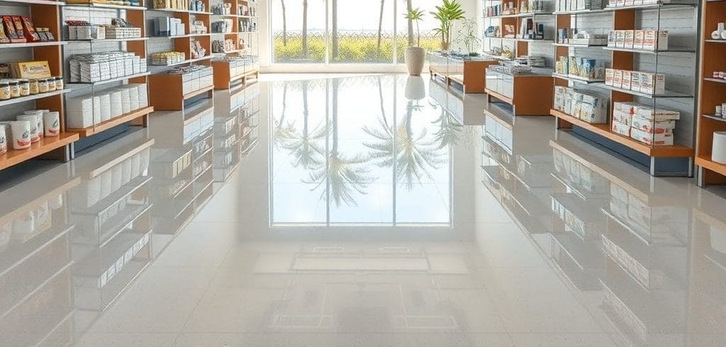 A freshly installed, high-gloss epoxy floor in a retail space in Naples, FL with a modern solid gray finish, reflecting overhead lights and vibrant store displays.