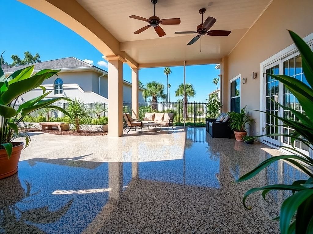Lanai with fresh epoxy flake flooring in a tropical backyard setting