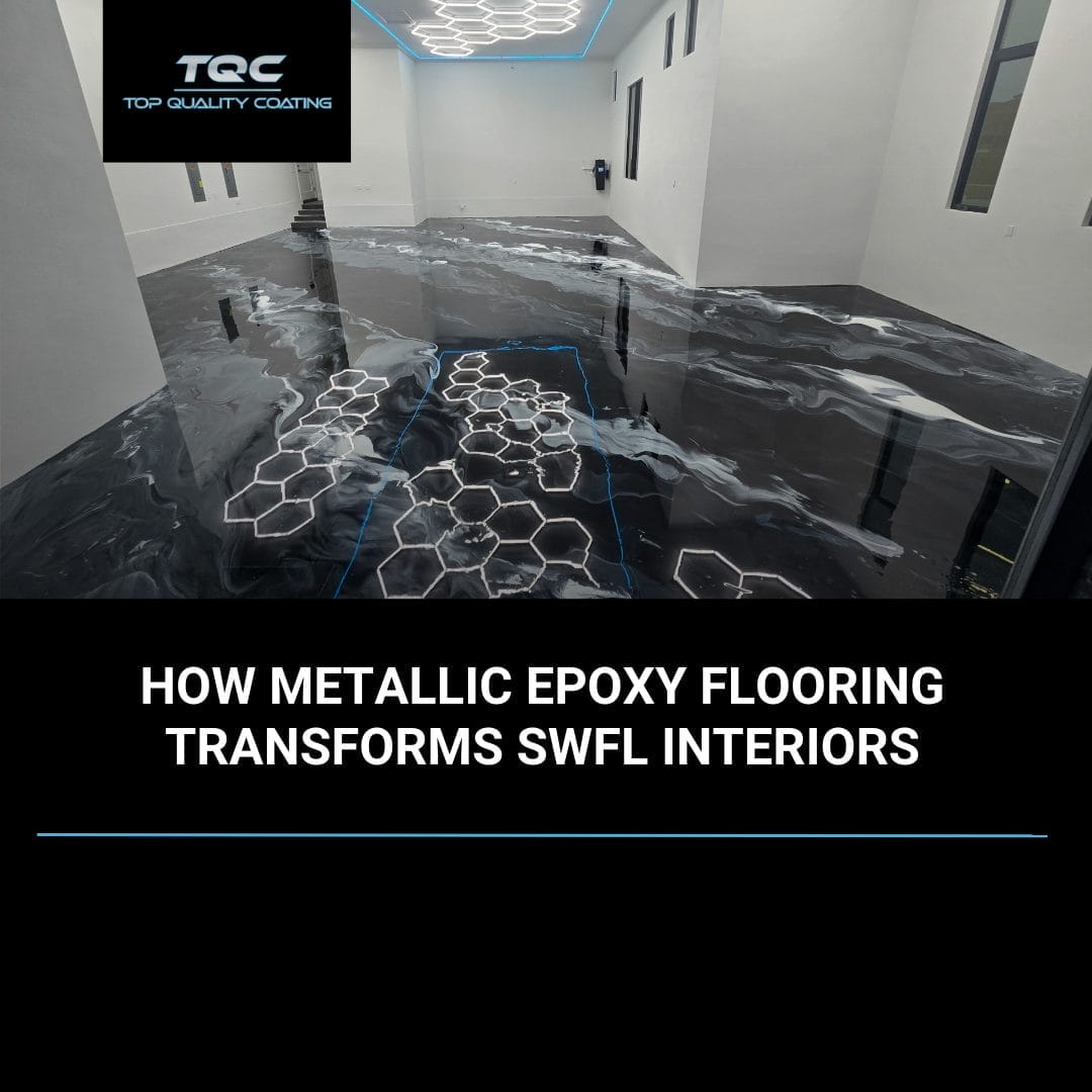 Metallic epoxy flooring installation in a modern Southwest Florida home interior