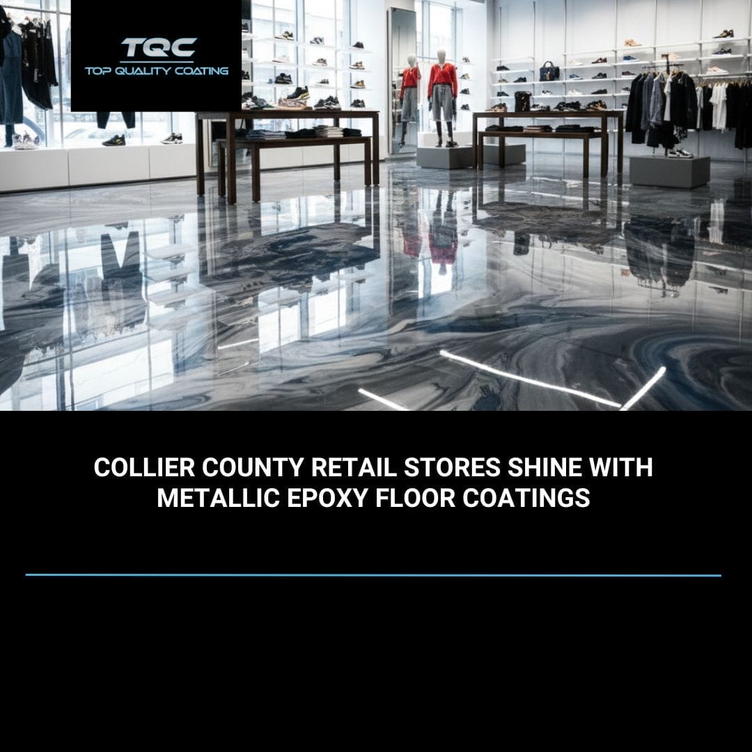 Shiny metallic epoxy floor in a modern retail showroom, reflecting overhead lighting and store displays.