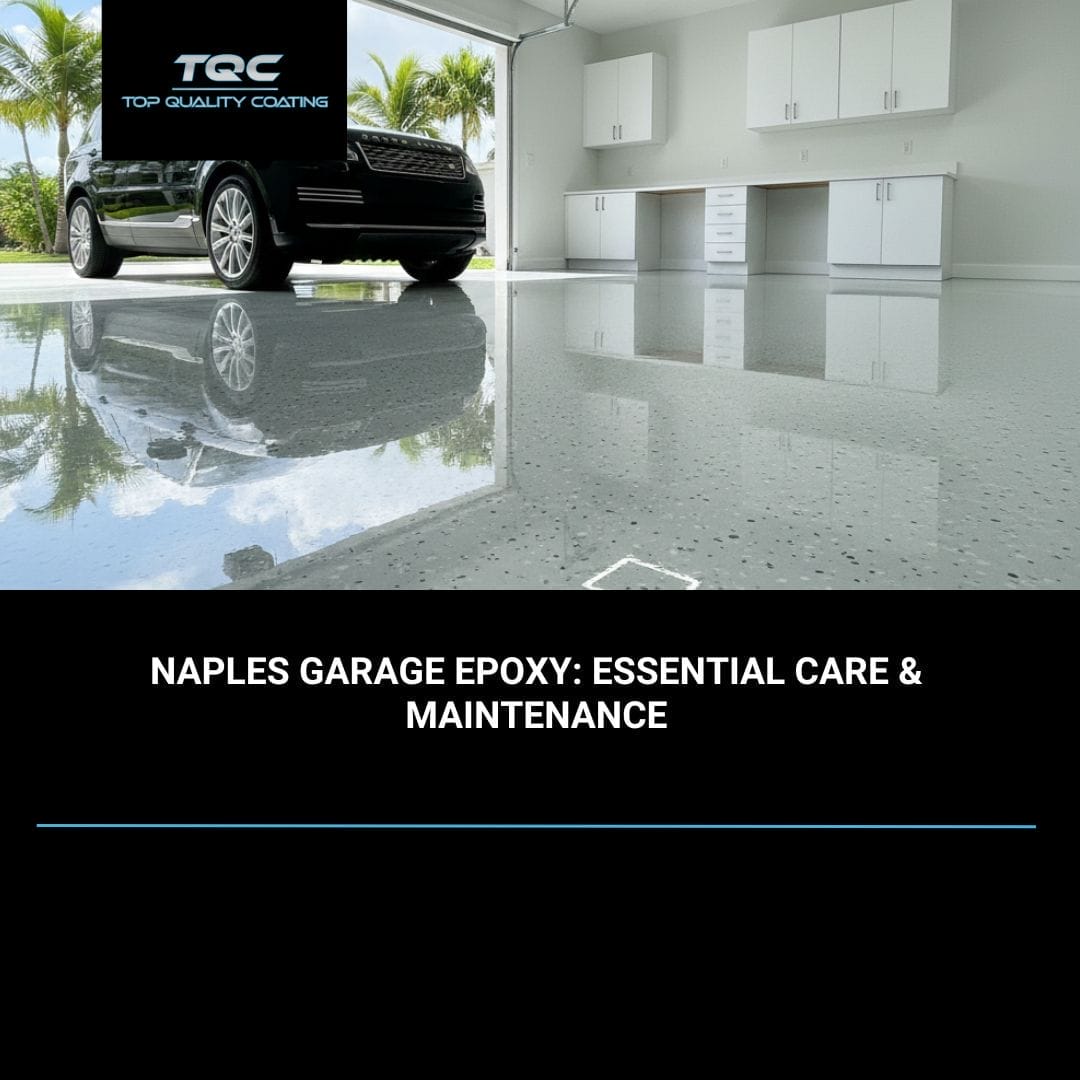 Shiny, clean epoxy-coated garage floor in Naples, Florida, reflecting light with a vehicle parked on one side.