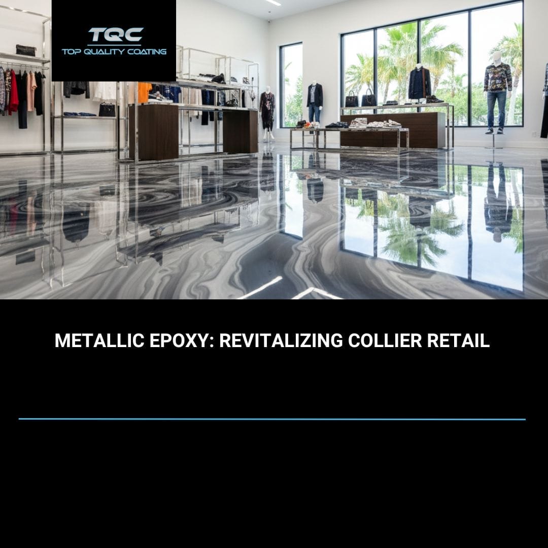 Modern retail store in Naples, FL showcasing a glossy metallic epoxy floor in marbled silver and charcoal tones, reflecting store lighting and enhancing the upscale ambiance.