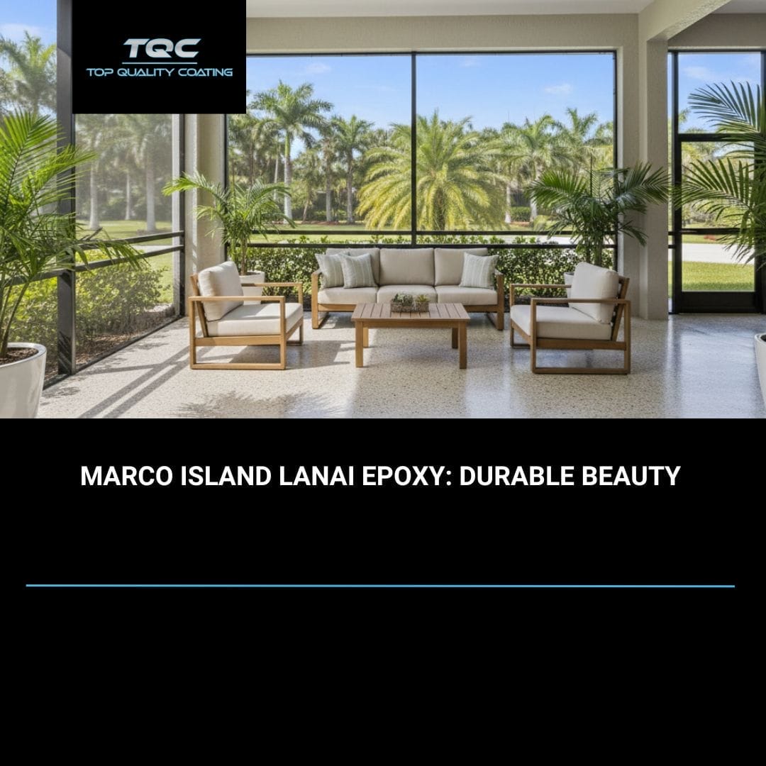 Decorative epoxy flooring on a lanai in a Marco Island home, with a slip-resistant flake finish in neutral tones
