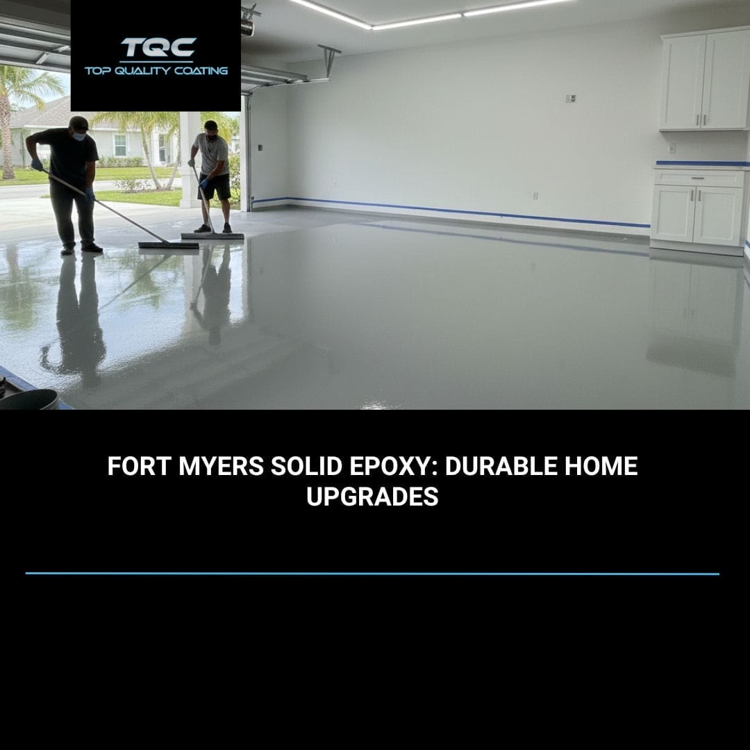 Professional application of solid epoxy floor coating on a Fort Myers residential garage floor, showcasing a smooth, slip-resistant, and visually appealing finish.