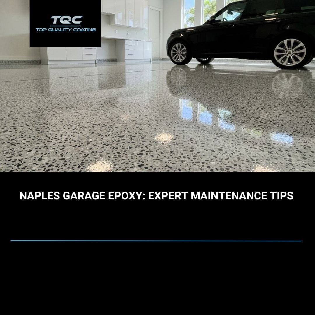 Epoxy-coated garage floor in Naples, Florida with a high-gloss finish and decorative flake design, parked car in background