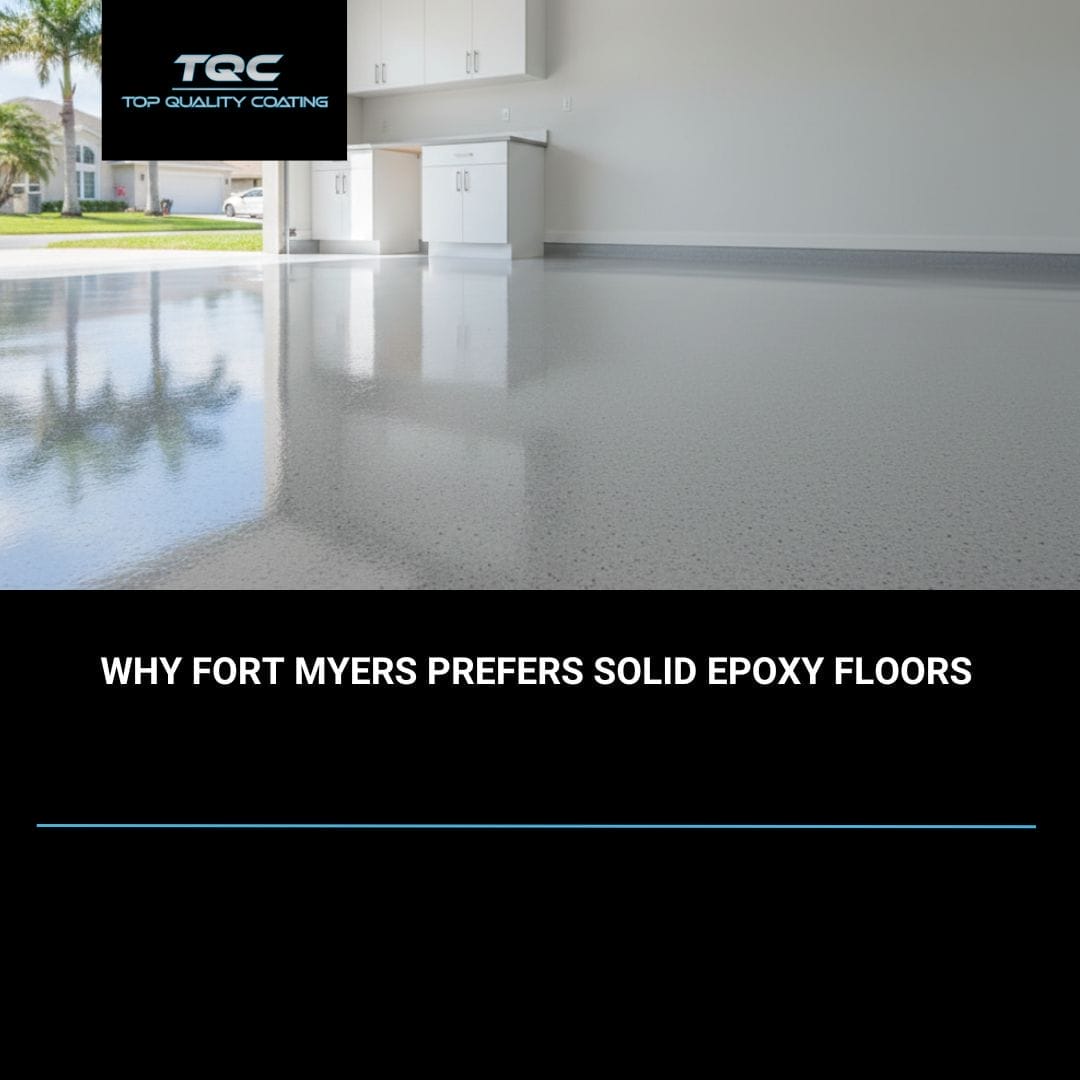 Clean and modern Fort Myers garage with freshly installed solid epoxy floor coating in gray flake finish.