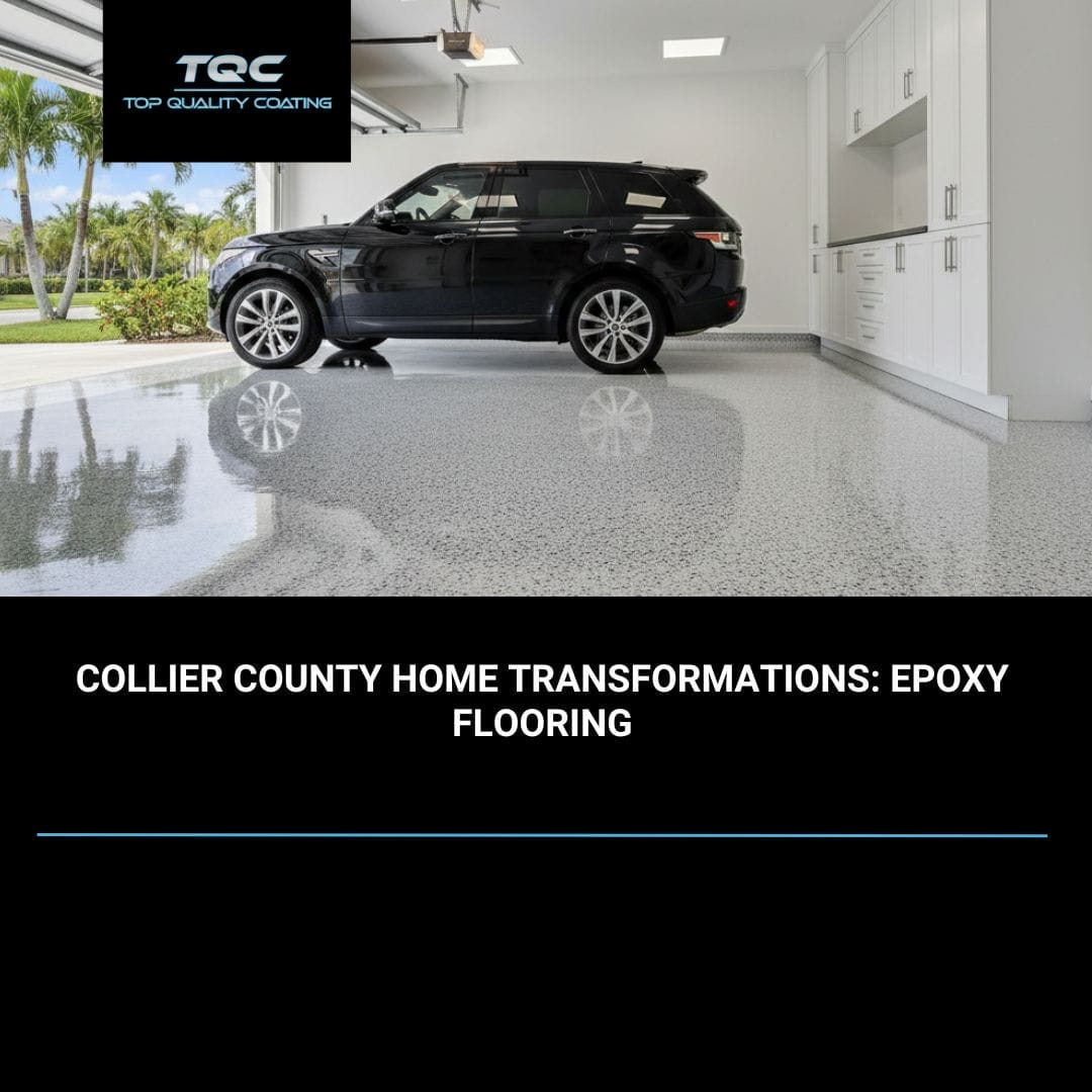 Epoxy-coated residential garage in Naples, Florida, featuring a glossy flake finish and showroom-quality surface.