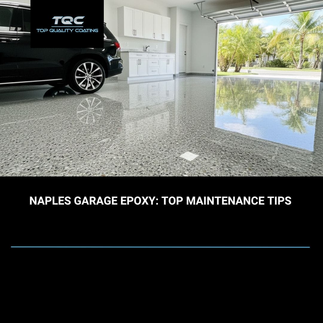 Professional-grade epoxy garage floor in Naples, Florida, with a decorative flake finish, high-gloss topcoat, and a clean, seamless look.