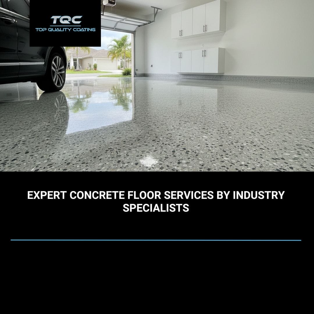 Epoxy-coated garage floor with decorative flake finish in a residential Naples, FL home, showcasing clean lines and durable surface.