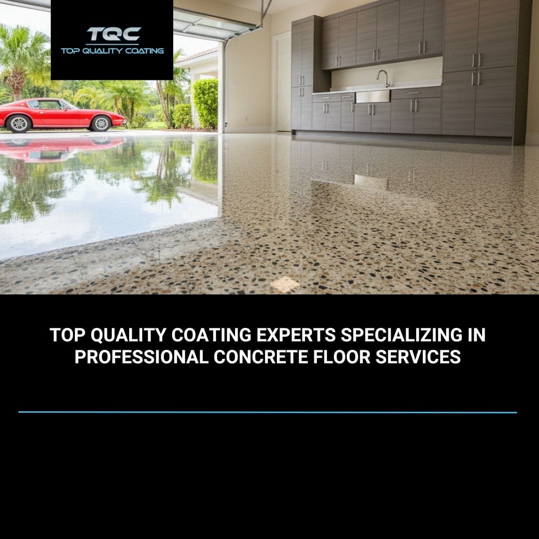 Finished epoxy garage floor with decorative flake system in Naples, Florida home