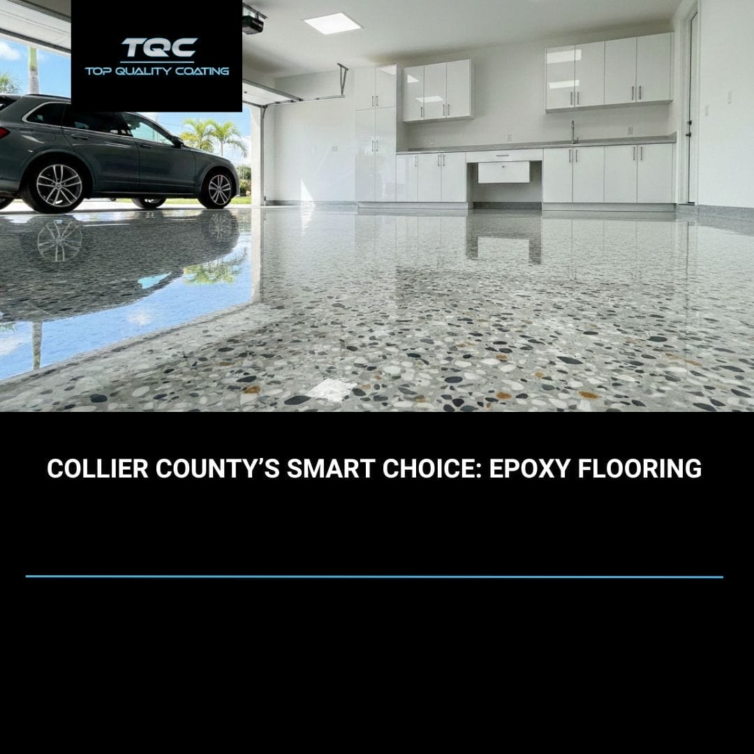 Durable and stylish epoxy garage floor in a Naples, FL home, featuring a decorative flake system finish from Top Quality Coating.