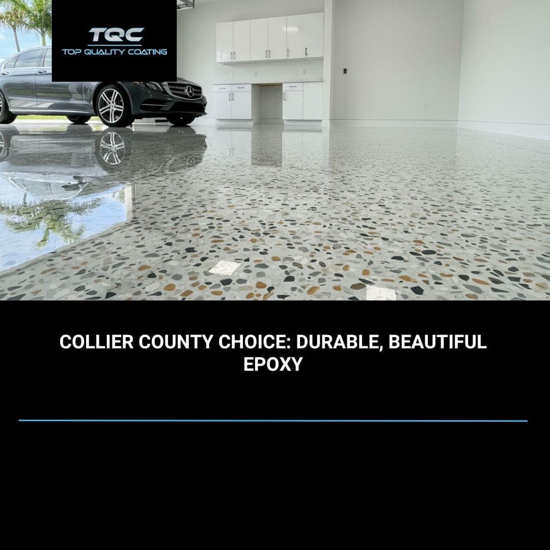 Newly coated garage floor in Naples, FL featuring a decorative flake epoxy system with a glossy, slip-resistant finish.
