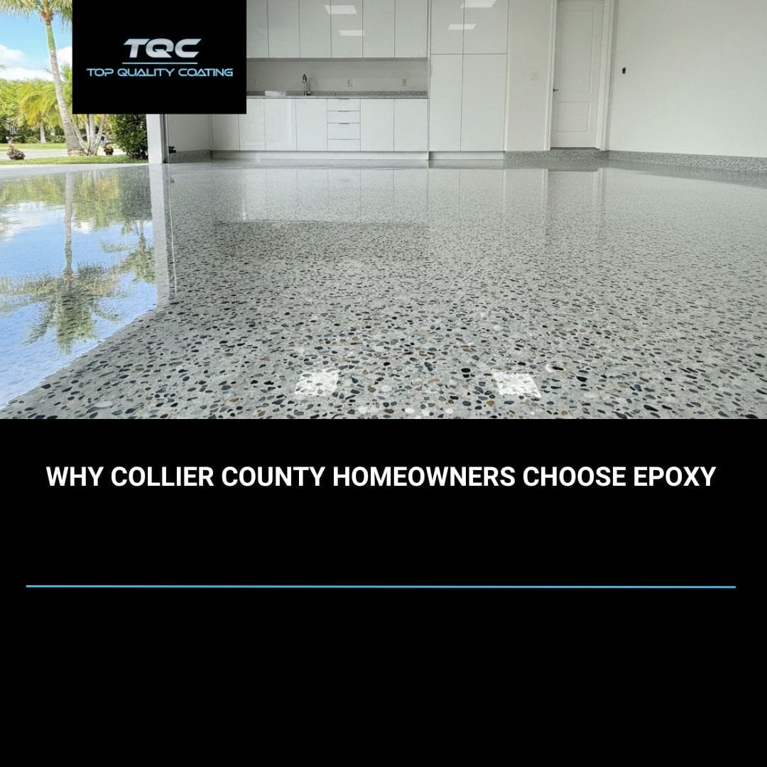 Professionally installed epoxy-coated garage floor with decorative flake texture in a Naples, FL home.