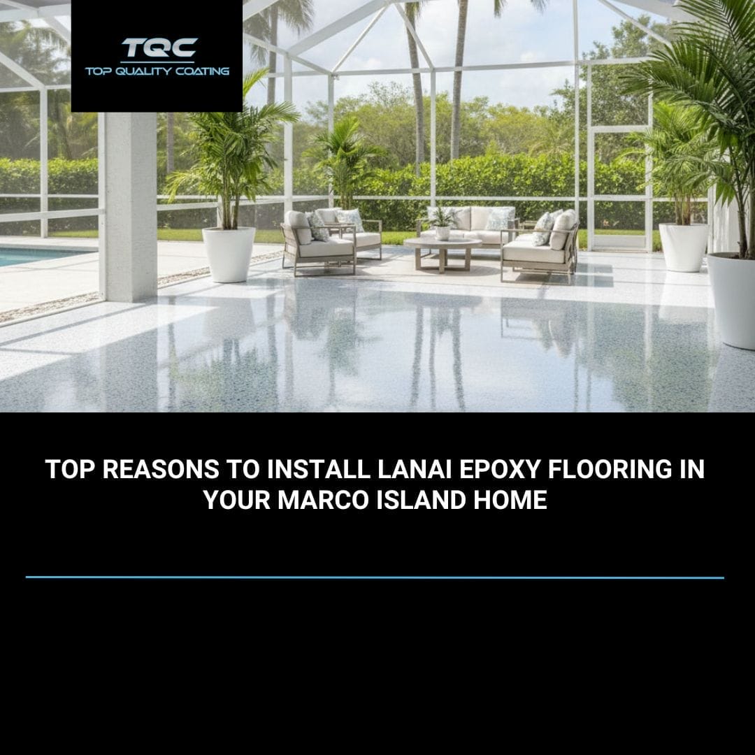 Freshly installed lanai epoxy flooring featuring a sleek decorative flake finish with a tropical outdoor seating area in Marco Island, Florida.